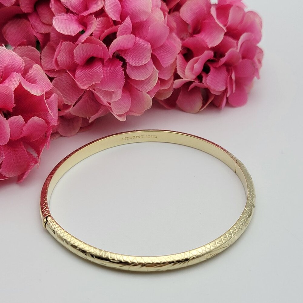 Rsc 925 Sterling Silver Gold Plated Embossed Bangle Bracelet Hinged 7.25 In